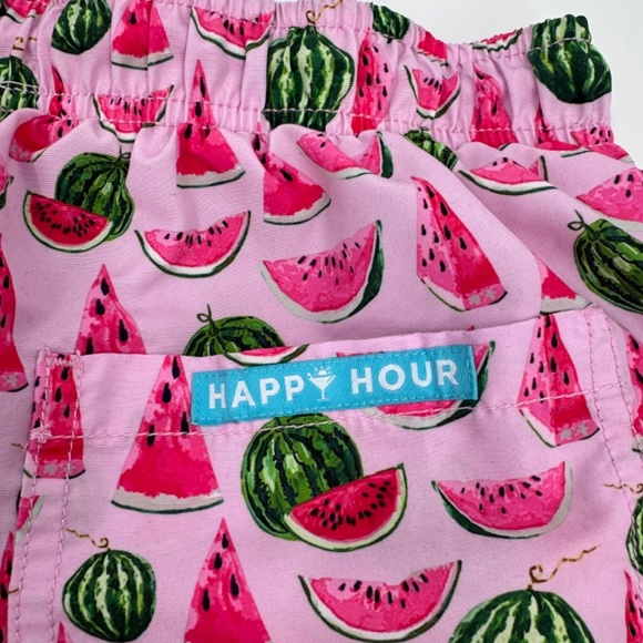 Happy Hour Swim Trunks Men Small Pink Watermelon Mesh Lined Shorts Elastic Waist - Picture 4 of 10